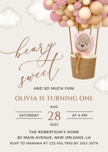 Bear and Pink Balloons First Birthday Invitation, Girl Birthday, Printable File, SH89: Teddy Bear and Pink Balloons First Birthday Invitation