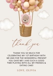 Bear with Pink Balloons Thank You Card, Girl Birthday, SH89: Teddy Bear and Pink Balloons First Birthday Thank You Card