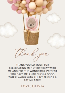 Teddy Bear and Pink Balloons First Birthday Thank You Card design preview