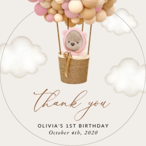 Bear with Pink Balloons Birthday Circle Favor Tags, Printable File, SH89: Teddy Bear and Pink Balloons First Birthday Favor Tags