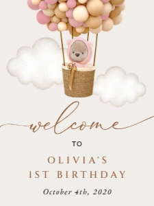 Bear and Pink Balloons Welcome Sign, Birthday Sign, Printable File, SH89, 18x24: Teddy Bear and Pink Balloons Welcome Sign - First Birthday Sign