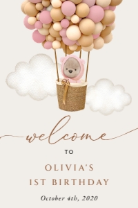 Bear and Pink Balloons Welcome Sign, Birthday Sign, Printable File, SH89, 24x36: Teddy Bear and Pink Balloons Welcome Sign - First Birthday Sign