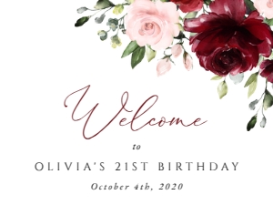 Burgundy and Pink Flowers Welcome Sign, Birthday Sign, Printable File, SH90, 18x24: Burgundy and Blush Pink Flowers Birthday Mini Bundle