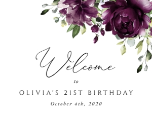 Plum Flowers Welcome Sign, Birthday Sign, Printable File, SH94, 18x24: Plum Purple Flowers Welcome Sign - Birthday Sign - Party Sign