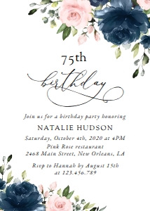 Navy Blue and Blush Pink Flowers Birthday Invitation design preview