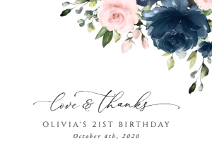 Navy and Blush Flowers Thank You Card, Birthday Stationery, Printable File, SH96: Navy Blue and Blush Pink Flowers Birthday Mini Bundle