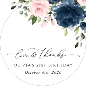 Navy and Blush Flowers Birthday Circle Favor Tags, Gift Tags, Printable File, SH96: Navy Blue and Blush Pink Flowers Birthday Mini Bundle