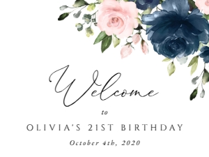Navy and Blush Flowers Welcome Sign, Birthday Sign, Printable File, SH96, 18x24: Navy Blue and Blush Pink Flowers Birthday Mini Bundle