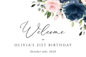 Navy and Blush Flowers Welcome Sign, Birthday Sign, Printable File, SH96, 24x36: Navy Blue and Blush Pink Flowers Birthday Mini Bundle