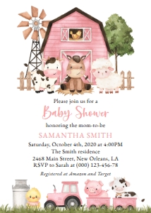 Farm Animals and Pink Barn Baby Shower Invitation Suite design preview