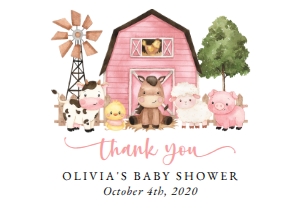 Farm Animals and Pink Barn Baby Shower Thank You Card design preview
