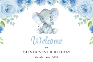Baby Elephant Welcome Sign, Birthday Sign, Printable File, SH99, 24x36: Baby Elephant and Blue Flowers Welcome Sign - First Birthday Sign