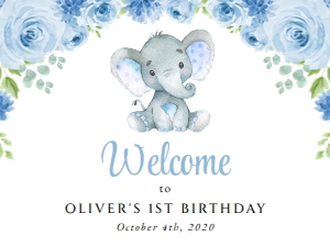 Baby Elephant and Blue Flowers Welcome Sign - First Birthday Sign design preview