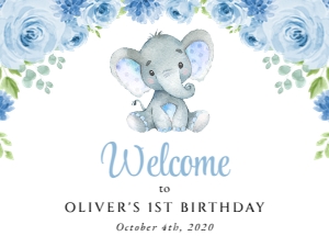 Baby Elephant Welcome Sign, Birthday Sign, Printable File, SH99, 18x24: Baby Elephant and Blue Flowers Welcome Sign - First Birthday Sign