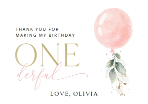 Pink Balloon and Eucalyptus Leaves First Birthday Thank You Card design preview