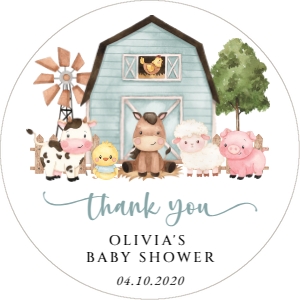 Farm Animals, Blue Barn Baby Shower Circle Favor Tags, Printable File, SH102: Farm Animals and Blue Barn Baby Shower Favor Tags
