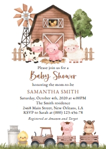 Farm Animals and Brown Barn Baby Shower Invitation design preview