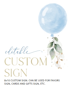 Blue Balloon and Eucalyptus Leaves First Birthday Custom Sign design preview