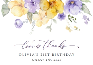 Purple and Yellow Flowers Birthday Thank You Card design preview