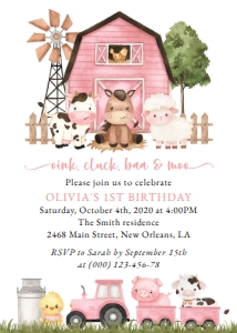 Farm Animals and Pink Barn First Birthday Invitation design preview