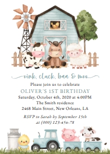 Farm Animals and Blue Barn First Birthday Invitation design preview