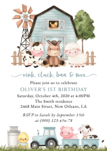 Farm Animals, Blue Barn First Birthday Invitation, Printable File, SH113: Farm Animals and Blue Barn First Birthday Invitation