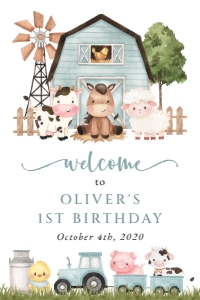Farm Animals, Blue Barn Welcome Sign, Birthday Sign, Printable File, SH113, 24x36: Farm Animals and Blue Barn First Birthday Mini Bundle