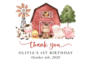Farm Animals and Red Barn First Birthday Thank You Card design preview