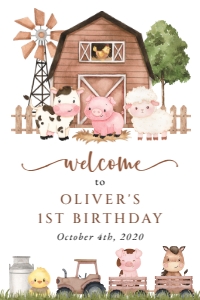 Farm Animals, Brown Barn Welcome Sign, Birthday Sign, Printable File, SH116, 24x36: Farm Animals and Brown Barn First Birthday Mini Bundle