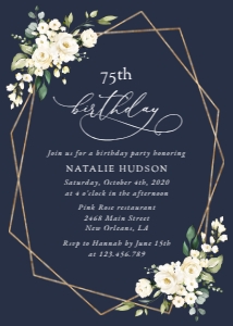 Navy and White Flowers Birthday Invitation, Birthday Stationery, Printable File, SH121: Navy and Cream White Flowers Birthday Invitation