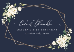 Navy and Cream White Flowers Birthday Thank You Card design preview