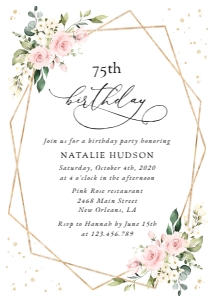 Pink Flowers and Gold Confetti Birthday Invitation, Birthday Stationery, Printable File, SH122: Pink Flowers and Gold Confetti Birthday Invitation