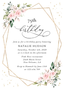 Pink Flowers and Gold Confetti Birthday Invitation design preview