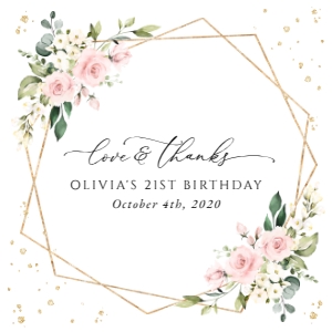 Pink Flowers and Gold Confetti Birthday Square Favor Tags, Gift Tags, Printable File, SH122: Pink Flowers and Gold Confetti Birthday Favor Tags