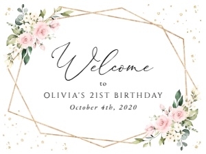 Pink Flowers and Gold Confetti Welcome Sign, Birthday Sign, Printable File, SH122, 18x24: Pink Flowers and Gold Confetti Welcome Sign - Birthday Sign