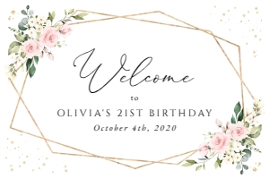 Pink Flowers and Gold Confetti Welcome Sign, Birthday Sign, Printable File, SH122, 24x36: Pink Flowers and Gold Confetti Welcome Sign - Birthday Sign