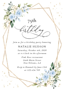 Blue Flowers and Gold Confetti Birthday Invitation design preview