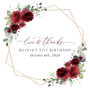 Burgundy Red Flowers Birthday Square Favor Tags, Gift Tags, Printable File, SH126: Burgundy Red Flowers Birthday Favor Tags