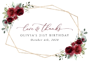 Burgundy Red Flowers Flat Thank You Card, Birthday Stationery, Printable File, SH126: Burgundy Red Flowers Birthday Thank You Card