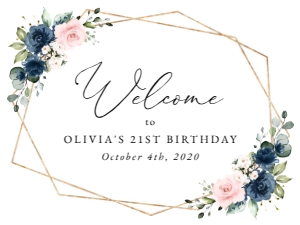 Navy Blue and Blush Pink Flowers Welcome Sign - Birthday Sign design preview