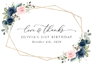 Navy Blue and Blush Pink Flowers Birthday Thank You Card design preview