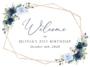 Navy and Blue Flowers Welcome Sign, Birthday Sign, Printable File, SH128, 18x24: Navy and Blue Flowers Welcome Sign - Birthday Sign - Party Sign