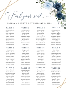 Navy and Blue Flowers Seating Chart, Wedding Sign, Printable File, SH129, 18x24: Navy and Blue Flowers Seating Chart - Wedding Sign