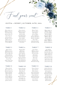 Navy and Blue Flowers Seating Chart, Wedding Sign, Printable File, SH129, 24x36: Navy and Blue Flowers Seating Chart - Wedding Sign