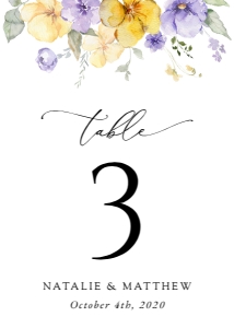 Purple and Yellow Flowers Wedding Table Number Sign design preview