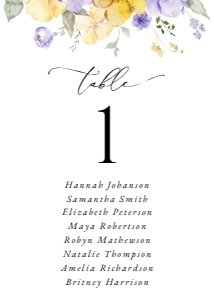 Purple and Yellow Flowers Wedding Seating Cards design preview