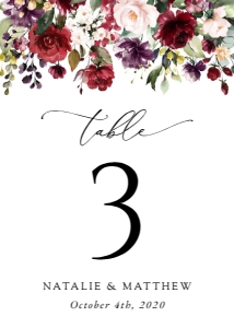 Burgundy, Purple and Blush Flowers Wedding Table Number Sign design preview