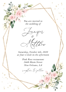 Pink Flowers and Gold Confetti Wedding Invitation, Wedding Stationery, Printable File, SH135: Pink Flowers and Gold Confetti Wedding Invitation