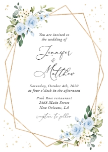 Blue Flowers and Gold Confetti Wedding Invitation design preview