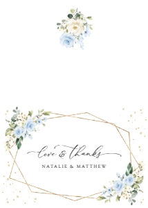 Blue Flowers and Gold Confetti Folded Thank You Card, Wedding Stationery, Printable File, SH136: Blue Flowers and Gold Confetti Wedding Thank You Card